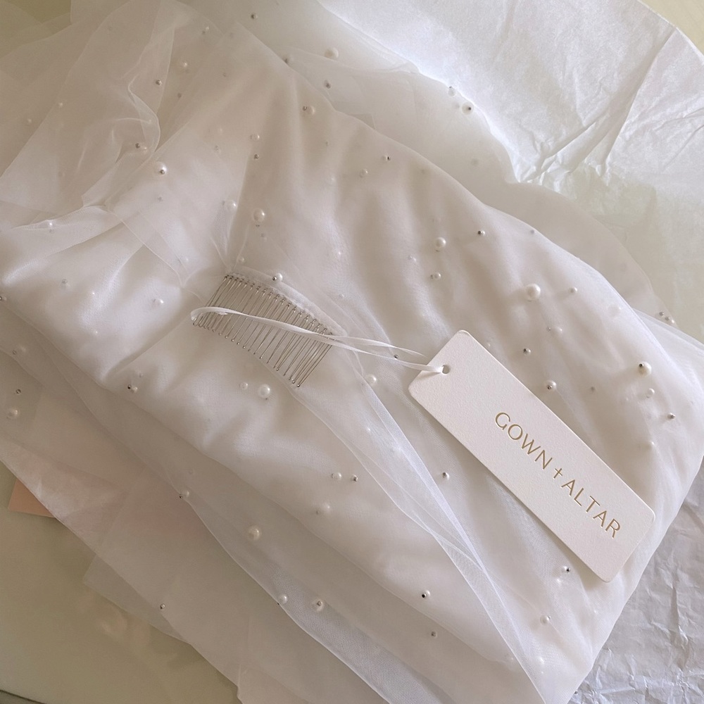 Custom cathedral length wedding veil with pearls and blusher